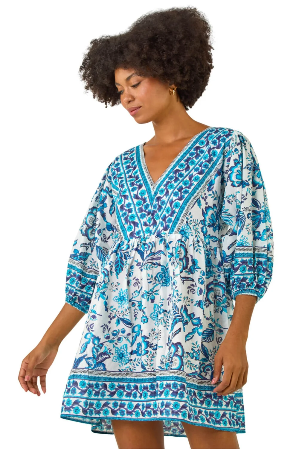 Roman Blue Floral Border Print Dress - 16 Image 1
