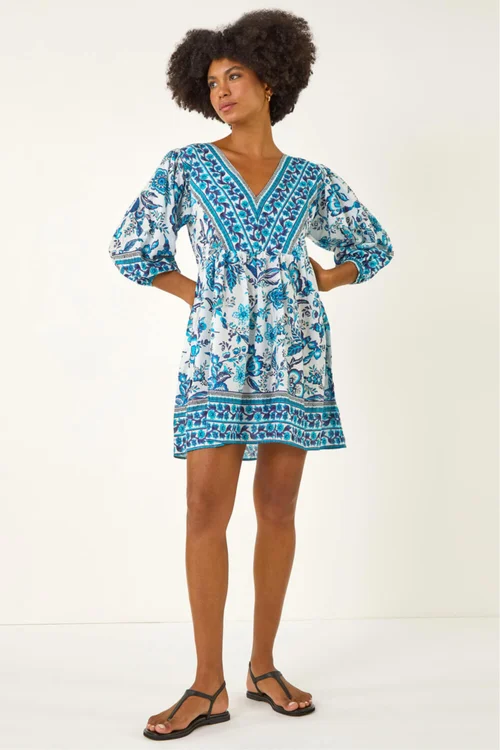 Roman Blue Floral Border Print Dress - 16 Image 2