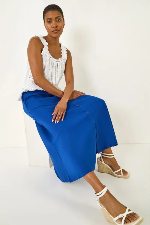 Roman Navy Linen Button Pencil Midi Skirt - Size 14 Image 3