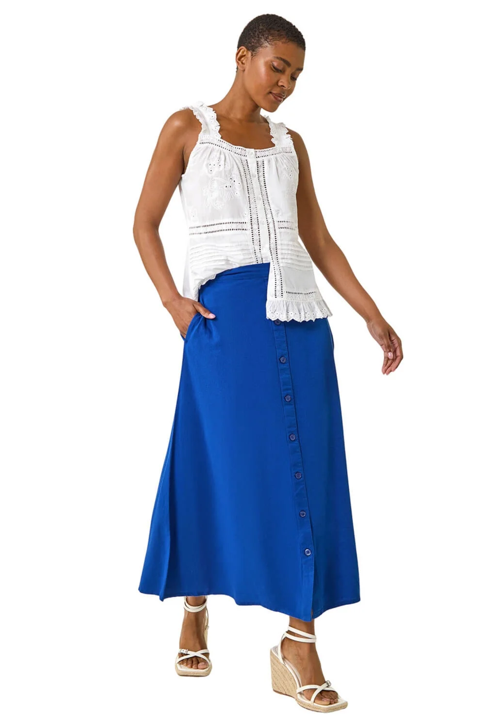 Roman Navy Linen Button Pencil Midi Skirt - Size 14 Image 2