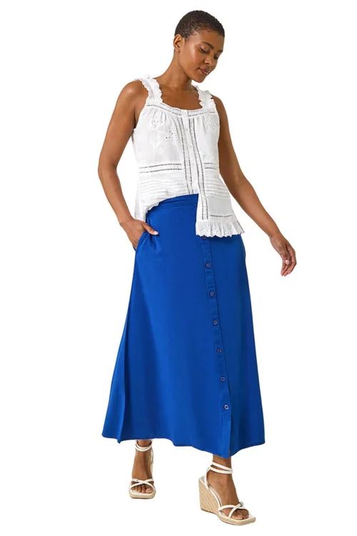 Roman Navy Linen Button Pencil Midi Skirt - Size 14 Image 2