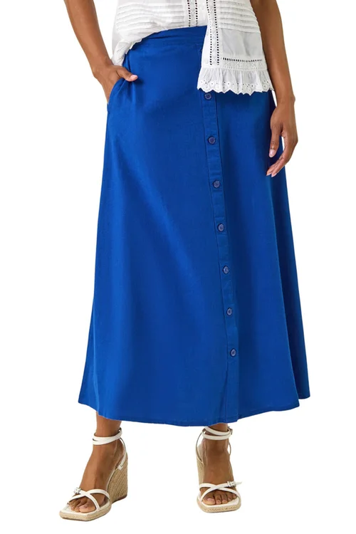 Roman Navy Linen Button Pencil Midi Skirt - Size 14 Image 1