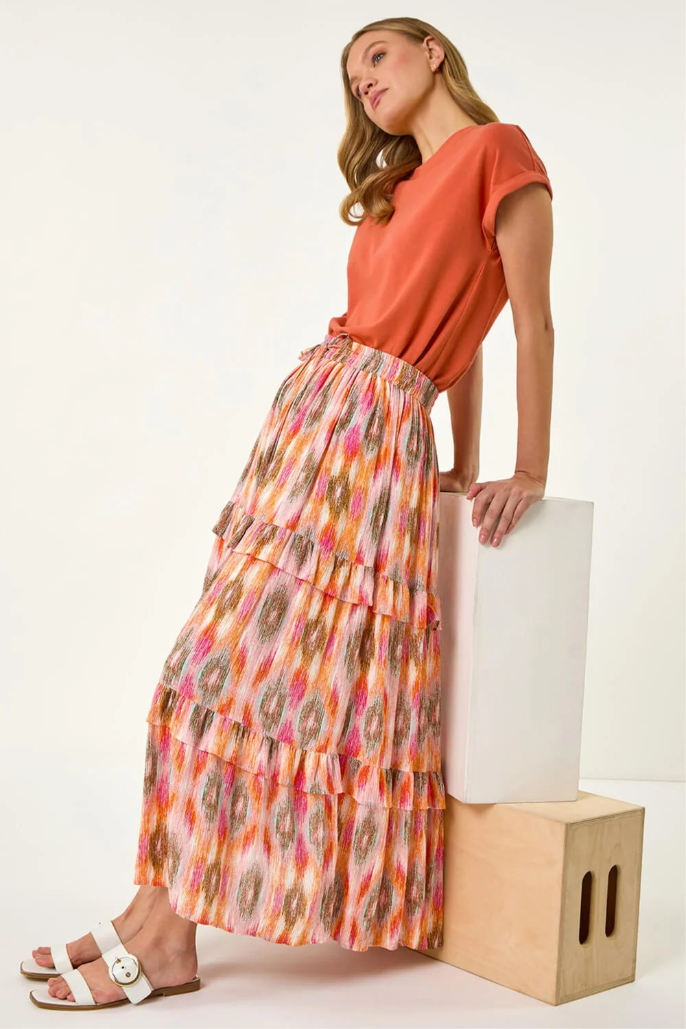 Roman Coral Diamond Contrast Foil Print Skirt - Size 10 Image 3