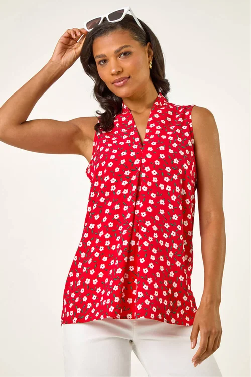 Roman Red Floral Pleat Front Vest Top - 10 Image 4
