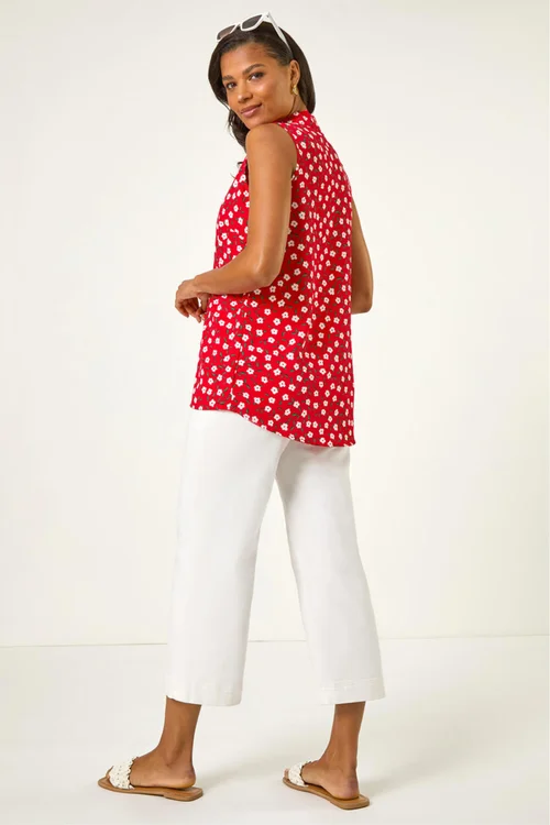 Roman Red Floral Pleat Front Vest Top - 10 Image 3