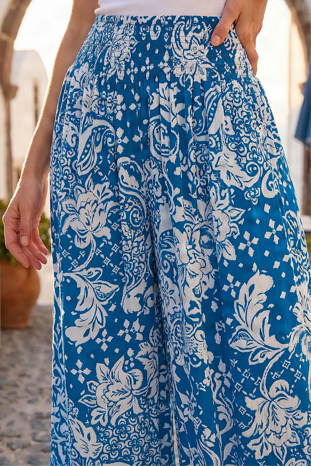 Roman Blue Printed Shirred Wide Leg Trouser - S Image 4