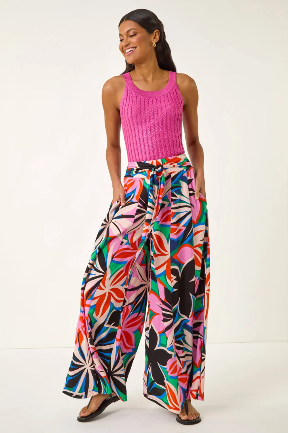 Roman Pink Abstract Print Pocket Palazzo Trouser - 14 Image 2