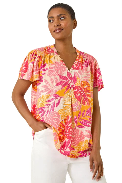 Roman Pink Leaf Print Shirred V-Neck Top - 10 Image 1