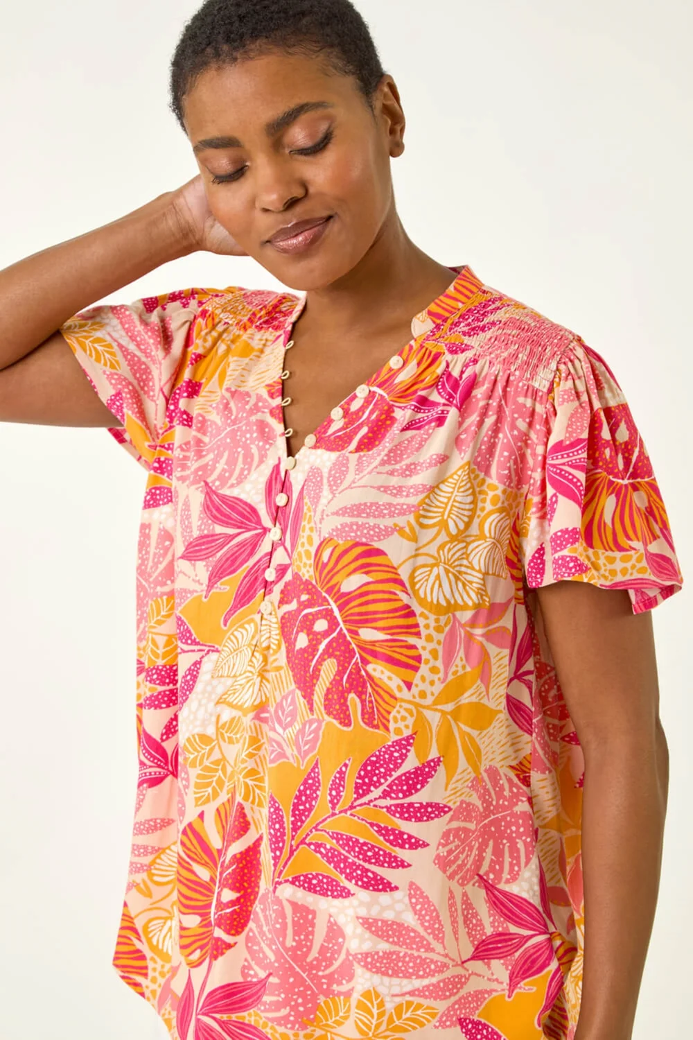 Roman Pink Leaf Print Shirred V-Neck Top - 10 Image 4