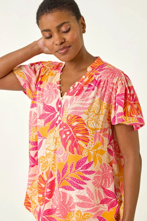 Roman Pink Leaf Print Shirred V-Neck Top - 10 Image 4