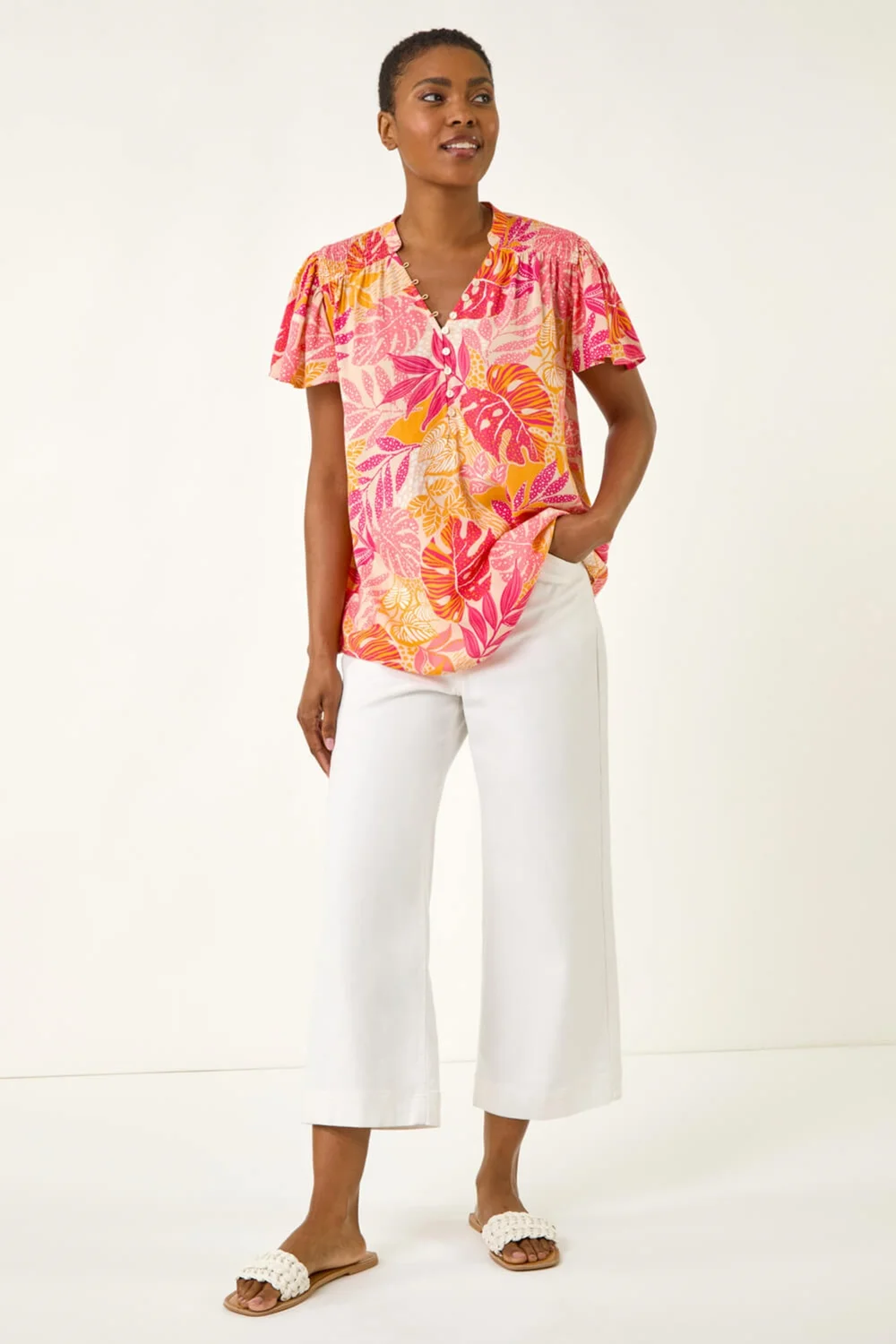 Roman Pink Leaf Print Shirred V-Neck Top - 10 Image 2