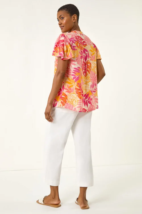 Roman Pink Leaf Print Shirred V-Neck Top - 10 Image 3