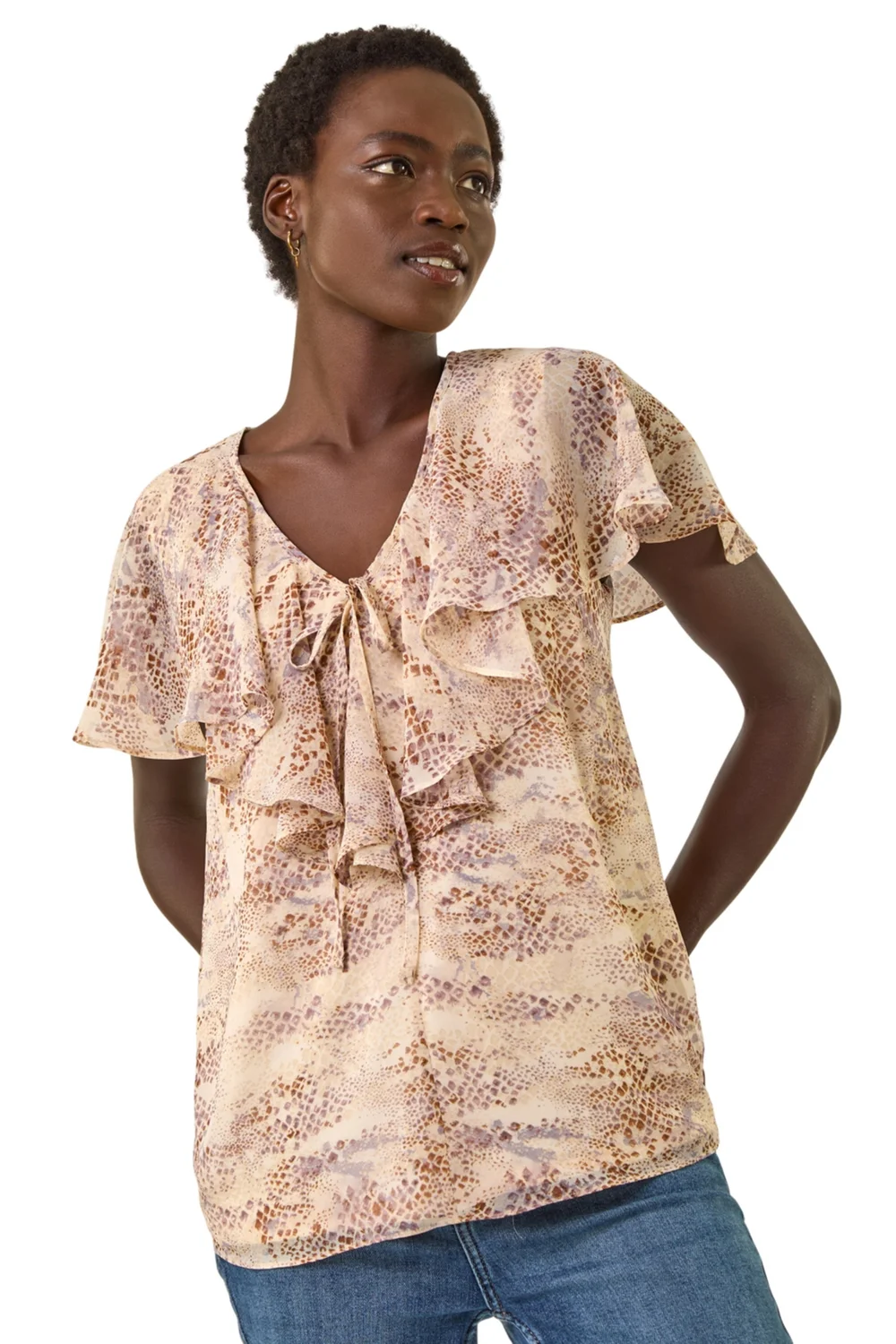 Roman Stone Snake Print Frill Neck Top - 12 Image 1