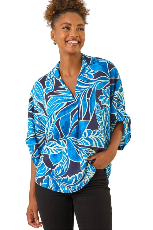 Roman Blue Leaf Print Pleated Collared Top - 14 Image 1