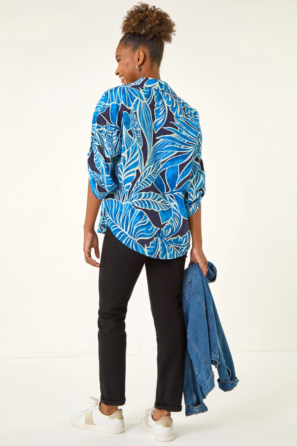 Roman Blue Leaf Print Pleated Collared Top - 14 Image 3