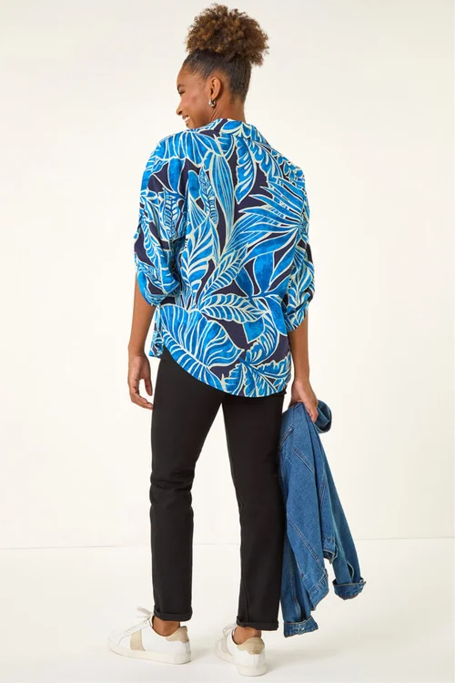 Roman Blue Leaf Print Pleated Collared Top - 14 Image 3