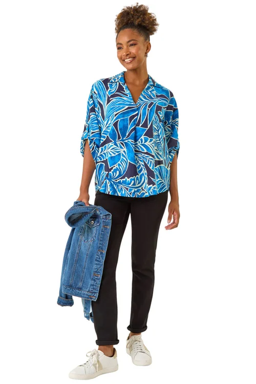 Roman Blue Leaf Print Pleated Collared Top - 14 Image 2