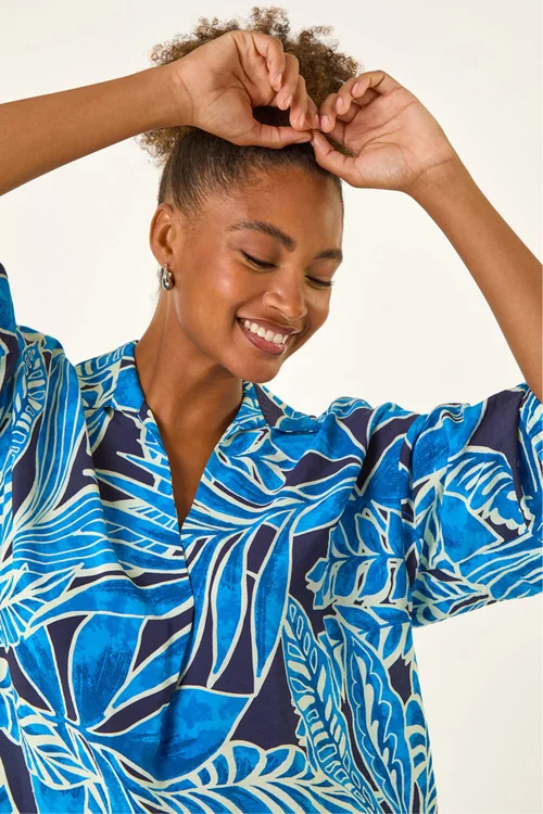 Roman Blue Leaf Print Pleated Collared Top - 14 Image 4