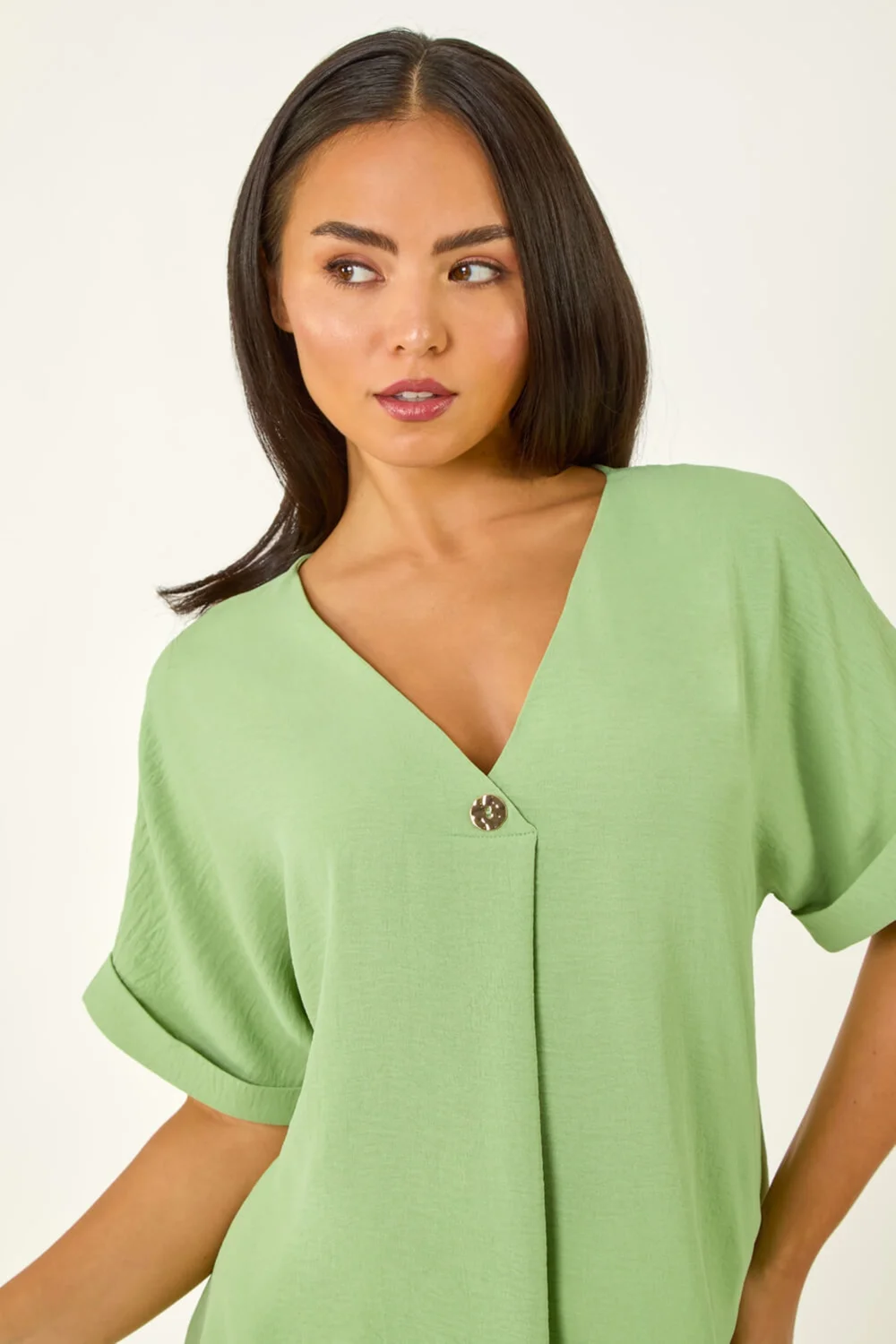 Roman Green Petite One Buttoned V-Neck Top - Size 14 Image 2