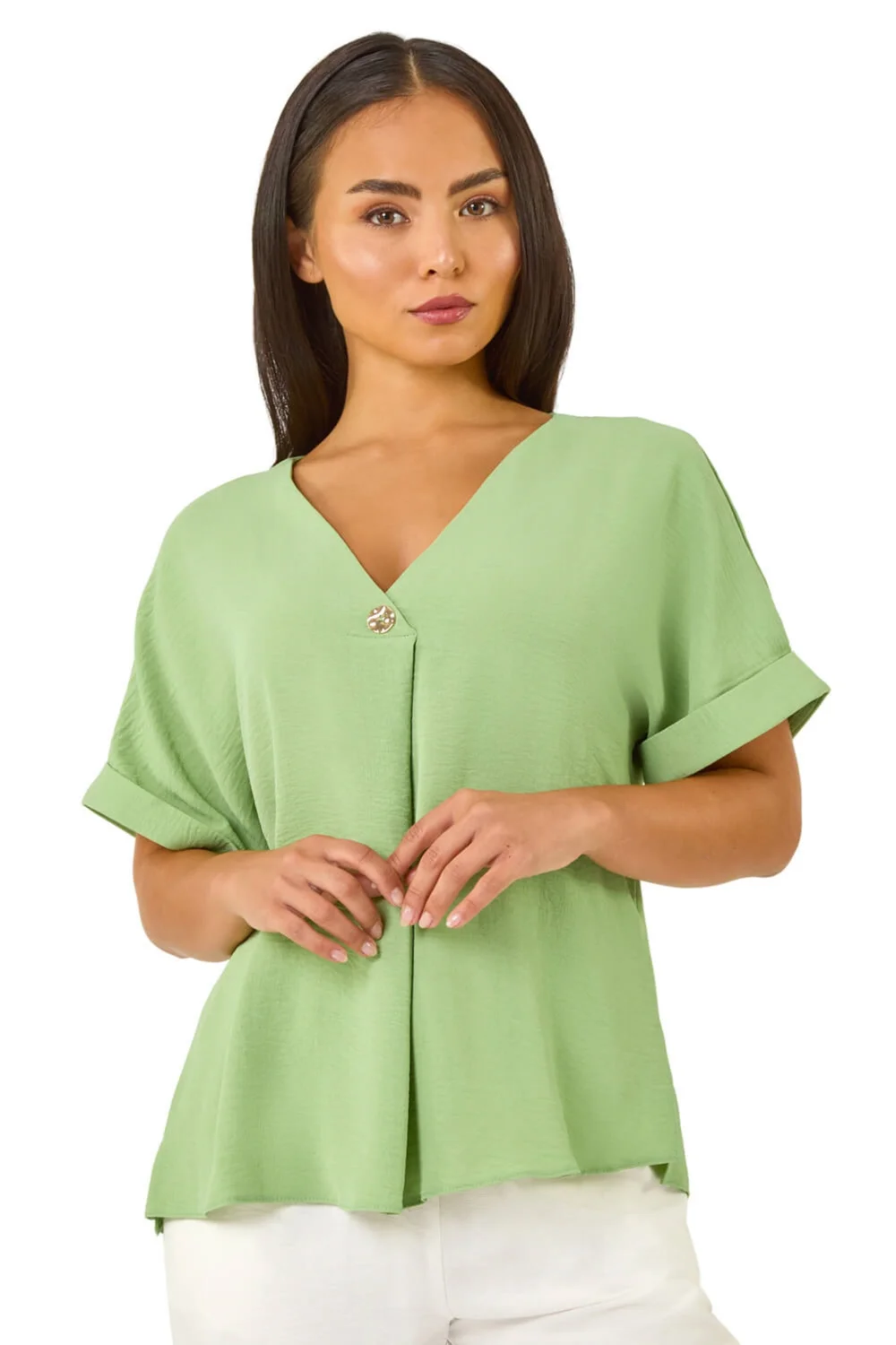 Roman Green Petite One Buttoned V-Neck Top - Size 14 Image 1