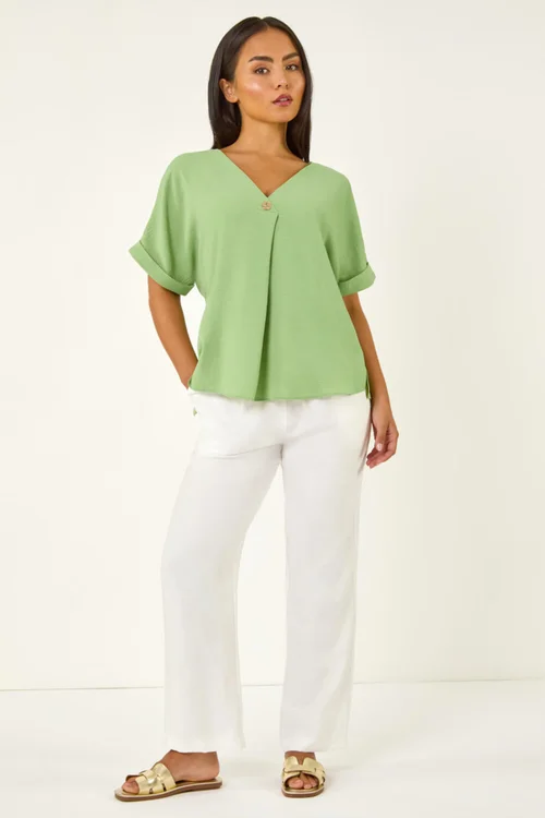 Roman Green Petite One Buttoned V-Neck Top - Size 14 Image 3