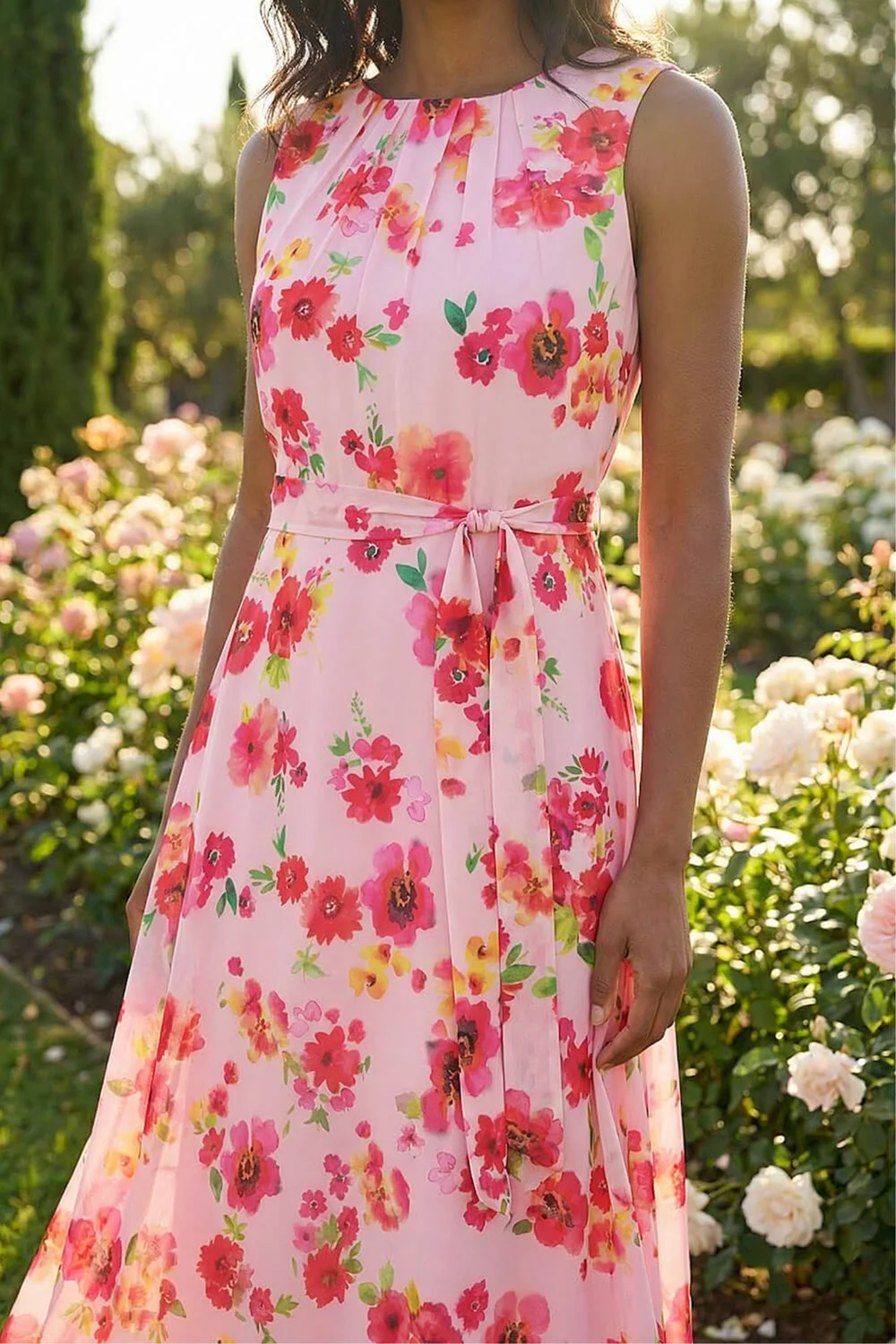 Roman Pink Floral Pleated Chiffon Midi Dress - 14 Image 4