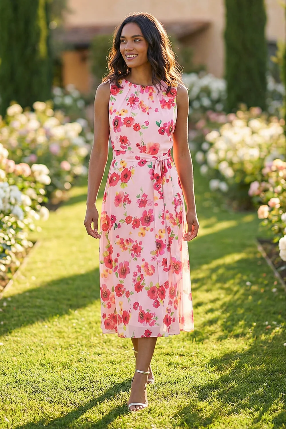 Roman Pink Floral Pleated Chiffon Midi Dress - 14 Image 1