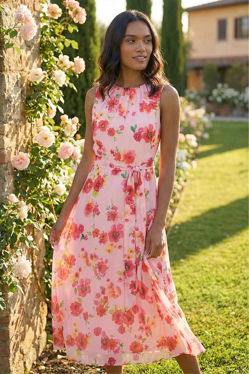 Roman Pink Floral Pleated Chiffon Midi Dress - 14 Image 2