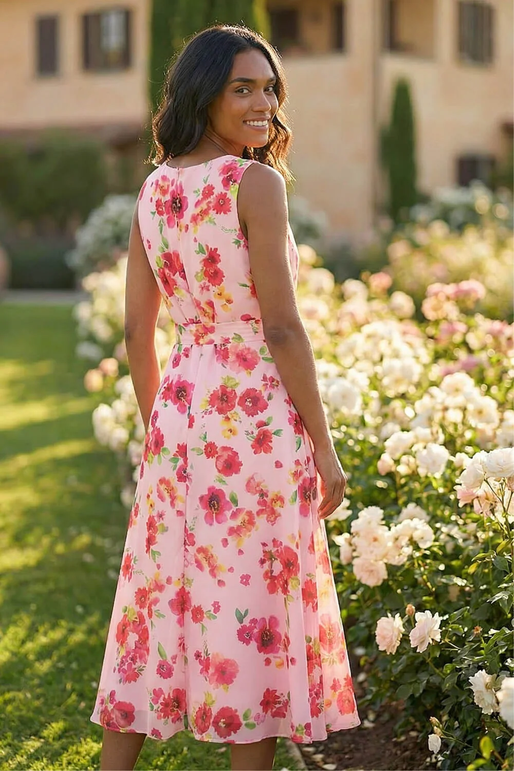 Roman Pink Floral Pleated Chiffon Midi Dress - 14 Image 3