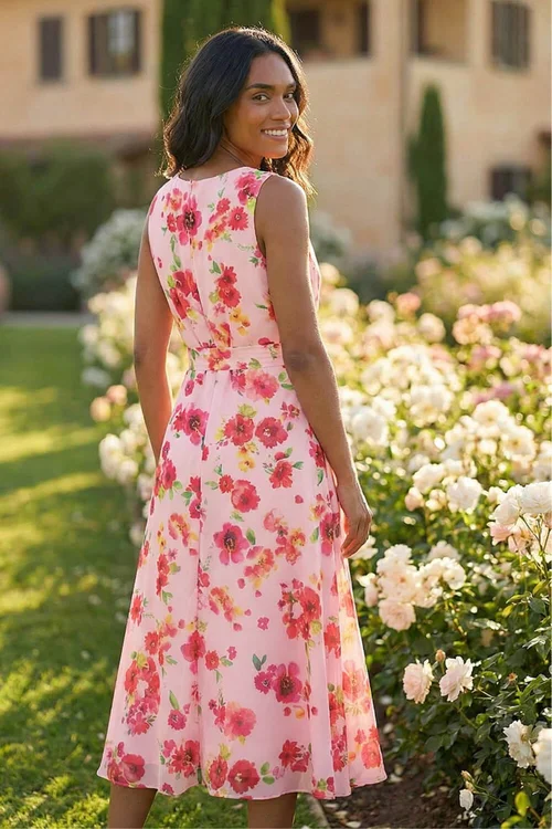 Roman Pink Floral Pleated Chiffon Midi Dress - 14 Image 3