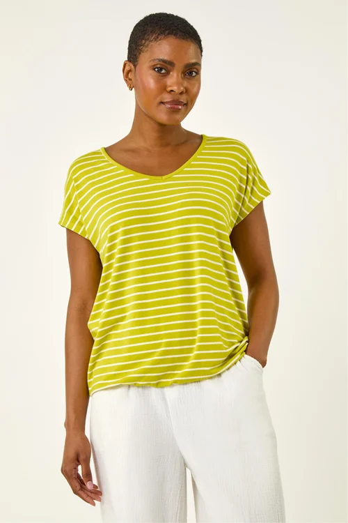 Roman Lime Stripe Print V-Neck Stretch Tee - 12 Image 4