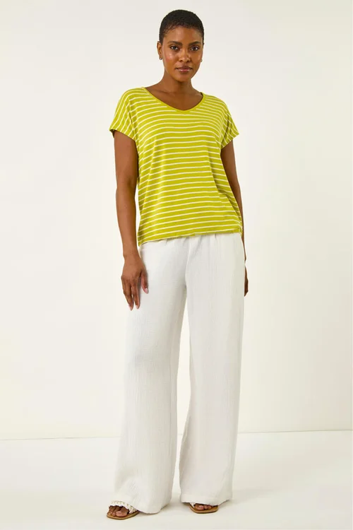 Roman Lime Stripe Print V-Neck Stretch Tee - 12 Image 2