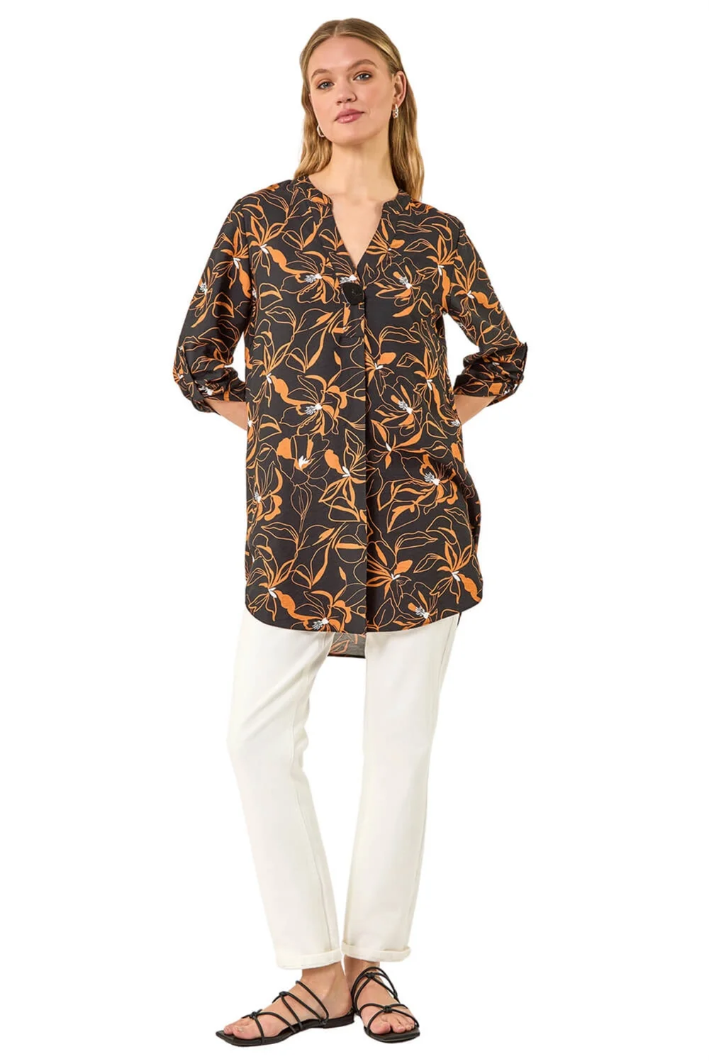 Roman Black Floral Longline Buttoned Top - 12 Image 2