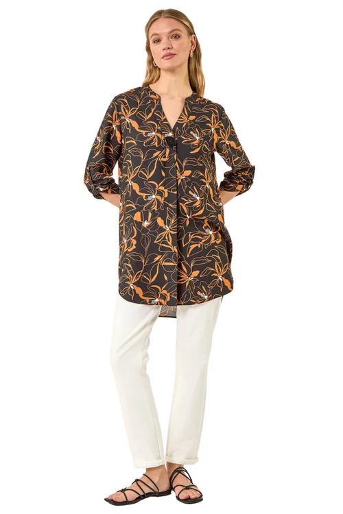 Roman Black Floral Longline Buttoned Top - 12 Image 2