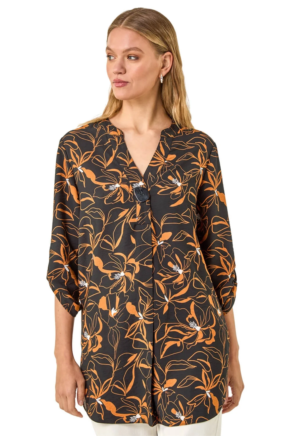 Roman Black Floral Longline Buttoned Top - 12 Image 1