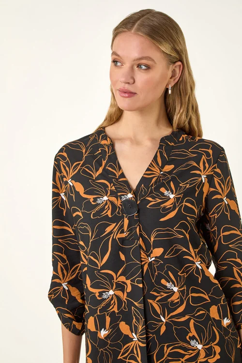 Roman Black Floral Longline Buttoned Top - 12 Image 4