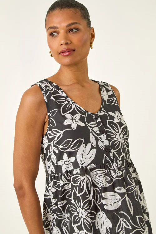 Roman Black Floral V-Neck Buttoned Top - 20 Image 4