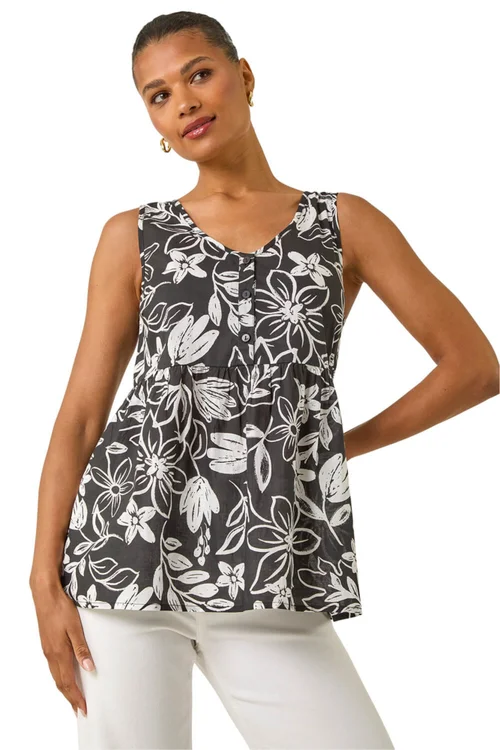Roman Black Floral V-Neck Buttoned Top - 20 Image 1