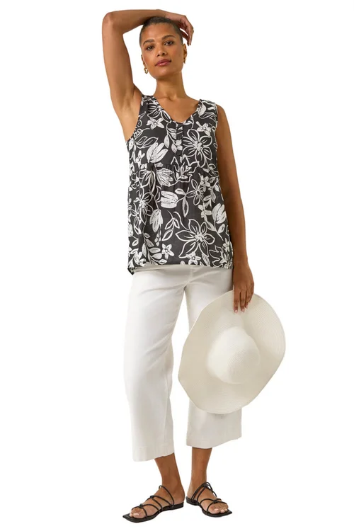 Roman Black Floral V-Neck Buttoned Top - 20 Image 2