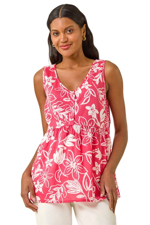 Roman Coral Floral V-Neck Buttoned Top - Size 10 Image 1