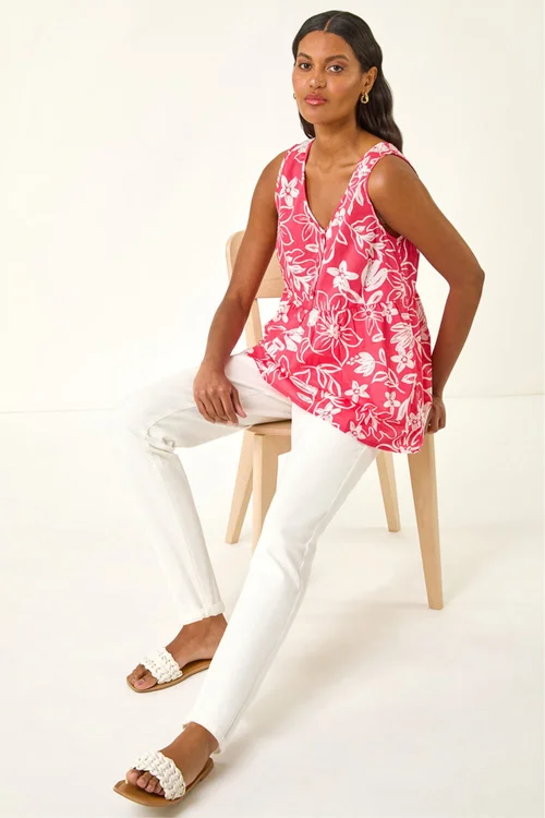 Roman Coral Floral V-Neck Buttoned Top - Size 10 Image 3