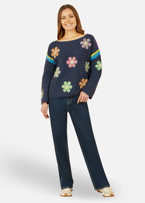 Yumi Navy Crochet Flower Jumper - M Image 1