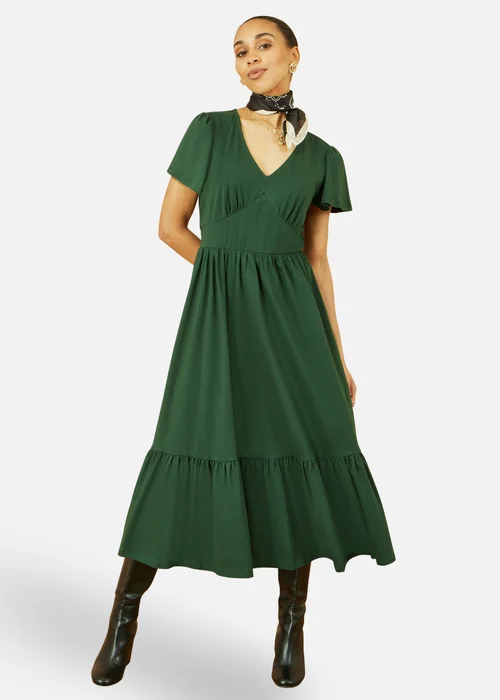 Yumi Green Cotton Jersey V Neck Midi Dress - 8 Image 1