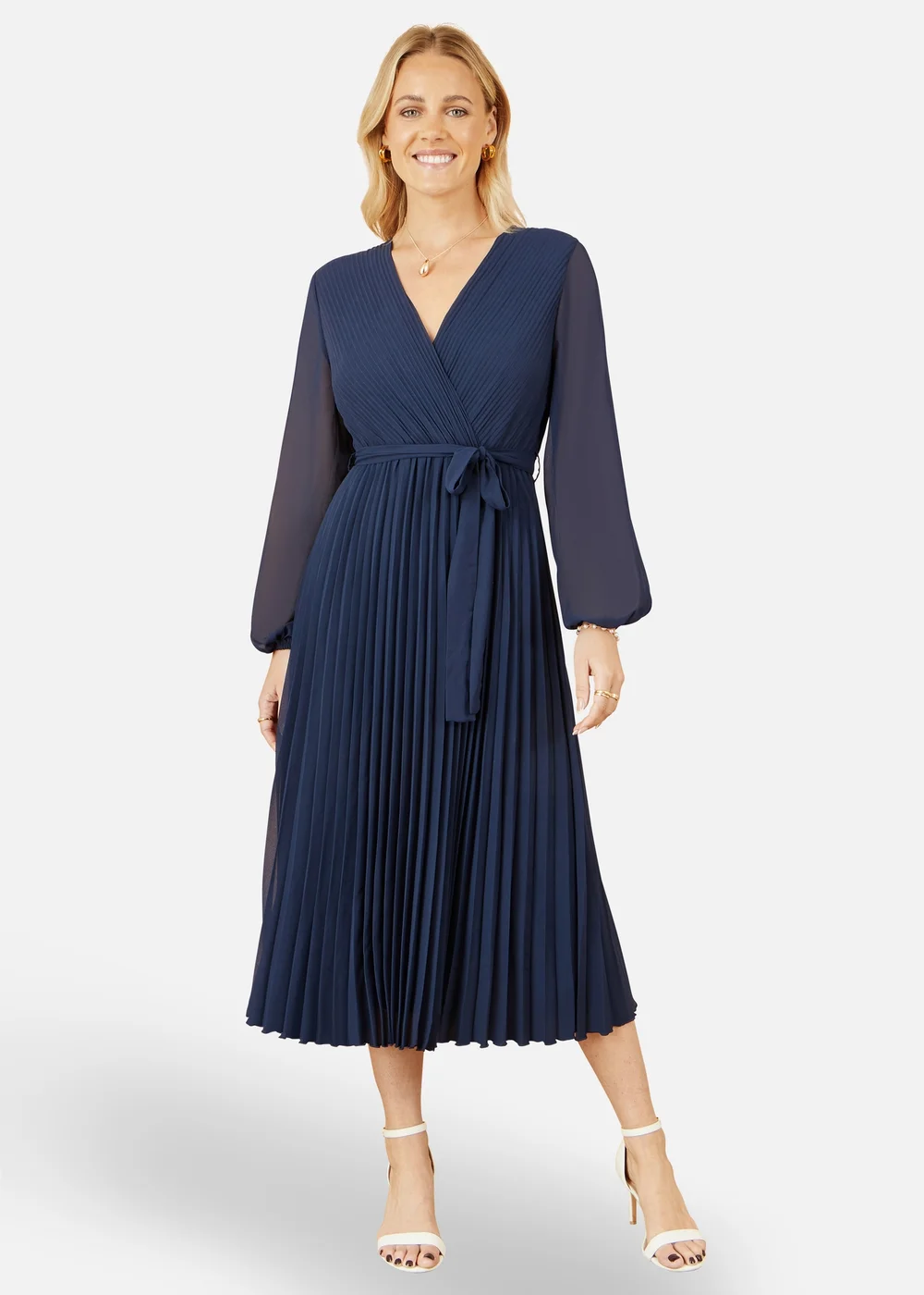 Yumi Navy Pleated Wrap Midi Dress With Sheer Long Sleeves - 8 | Matalan Yumi Navy Pleated Wrap Midi Dress With Sheer Long Sleeves - 8 | Matalan