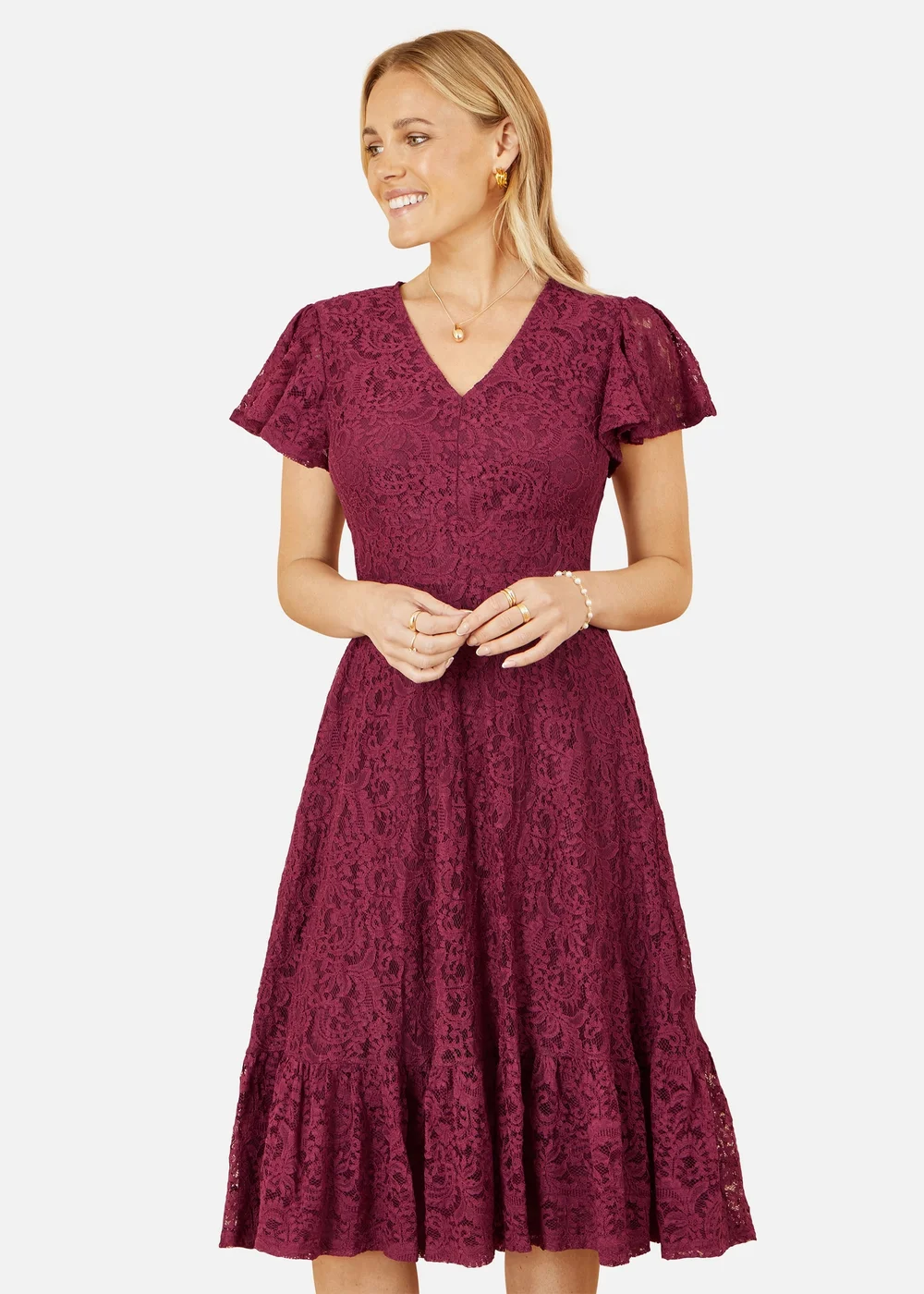 Yumi Burgundy Stretch Lace Puff Sleeve Midi Dress - 16 | Matalan Yumi Burgundy Stretch Lace Puff Sleeve Midi Dress - 16 | Matalan