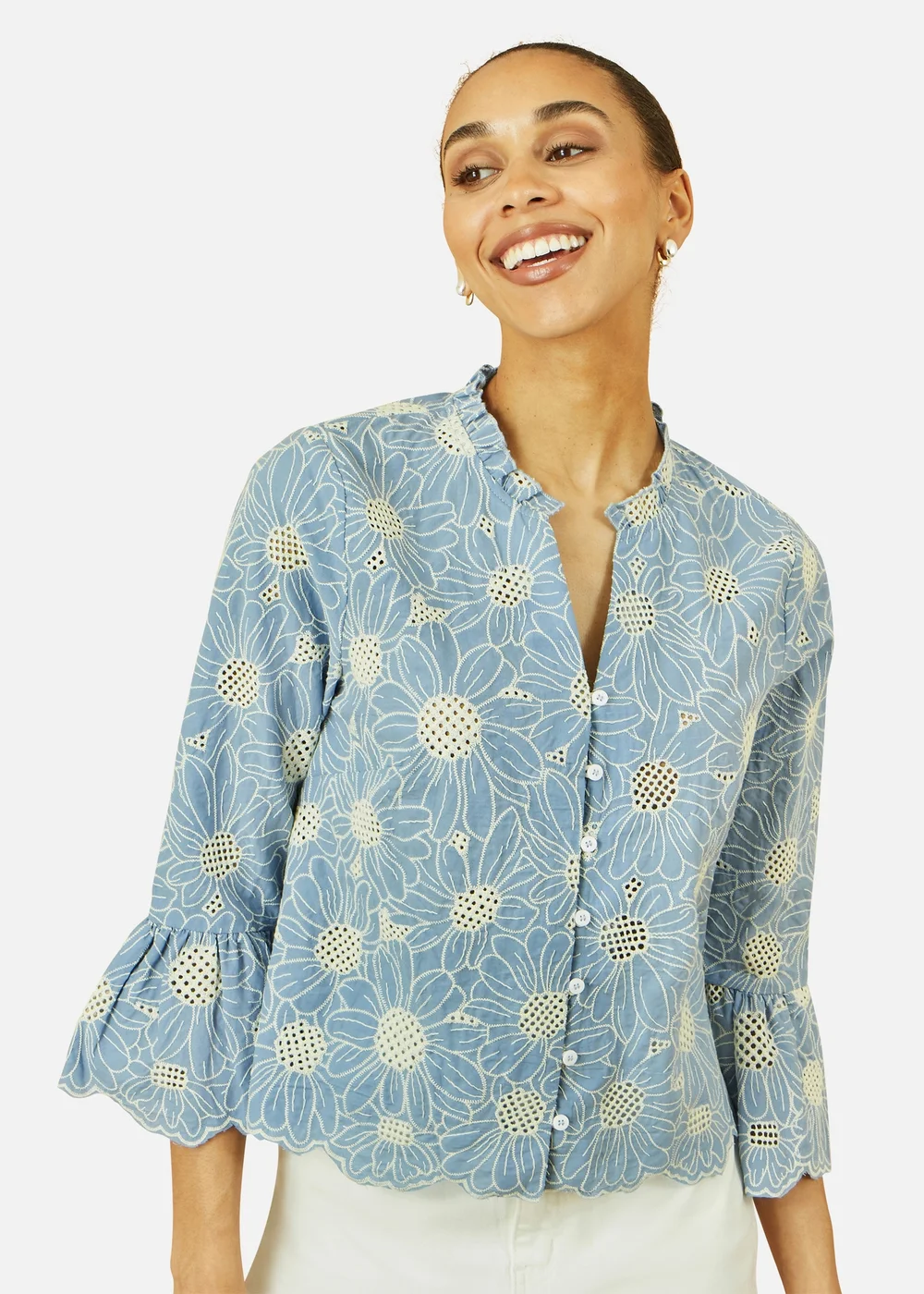 Yumi Blue Daisy Broderie Shirt With Fluted Sleeves - 14 Image 3