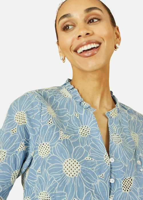 Yumi Blue Daisy Broderie Shirt With Fluted Sleeves - 14 Image 2
