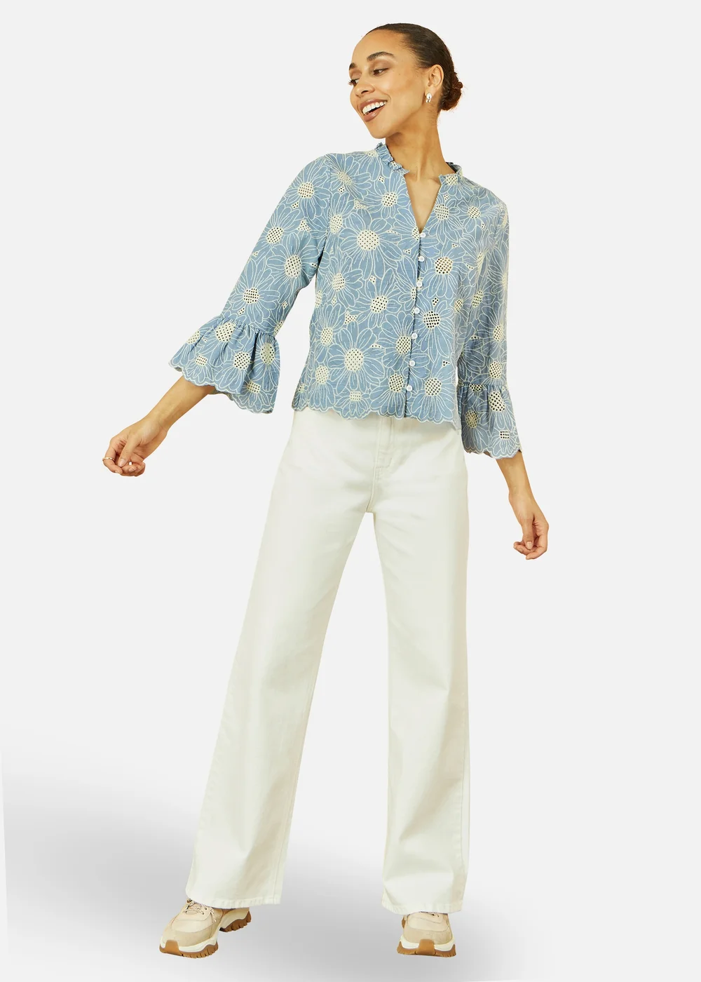 Yumi Blue Daisy Broderie Shirt With Fluted Sleeves - 14 Image 1