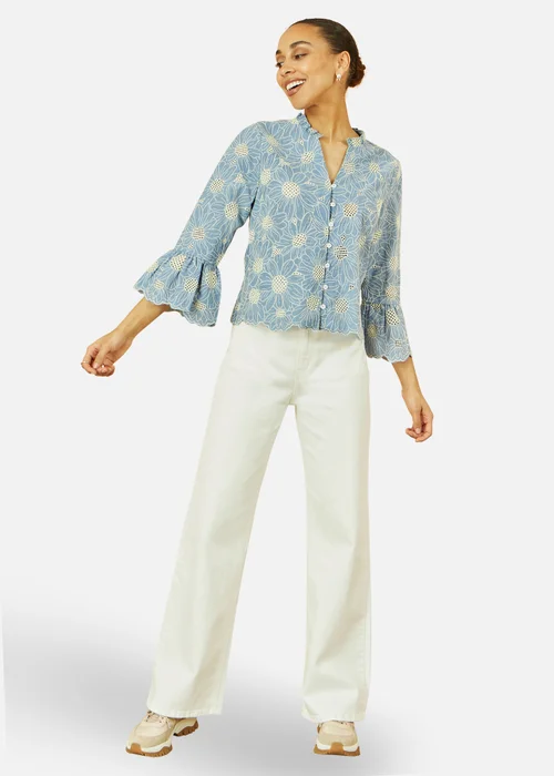 Yumi Blue Daisy Broderie Shirt With Fluted Sleeves - 14 Image 1