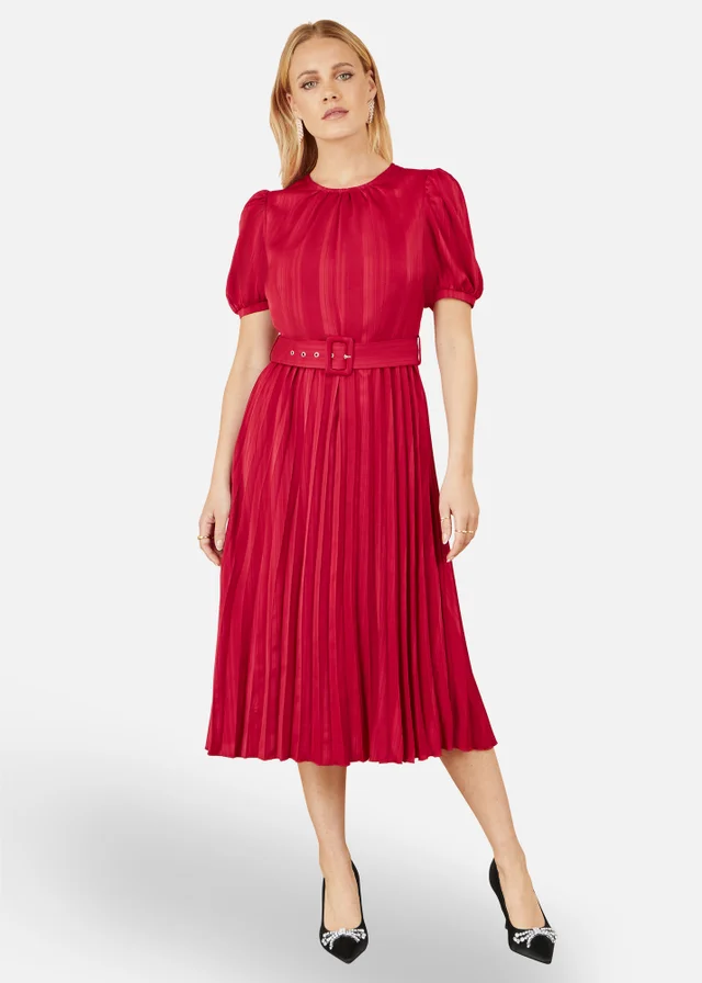 Yumi Red Satin Striped Midi Dress With Pleats & Matching Belt